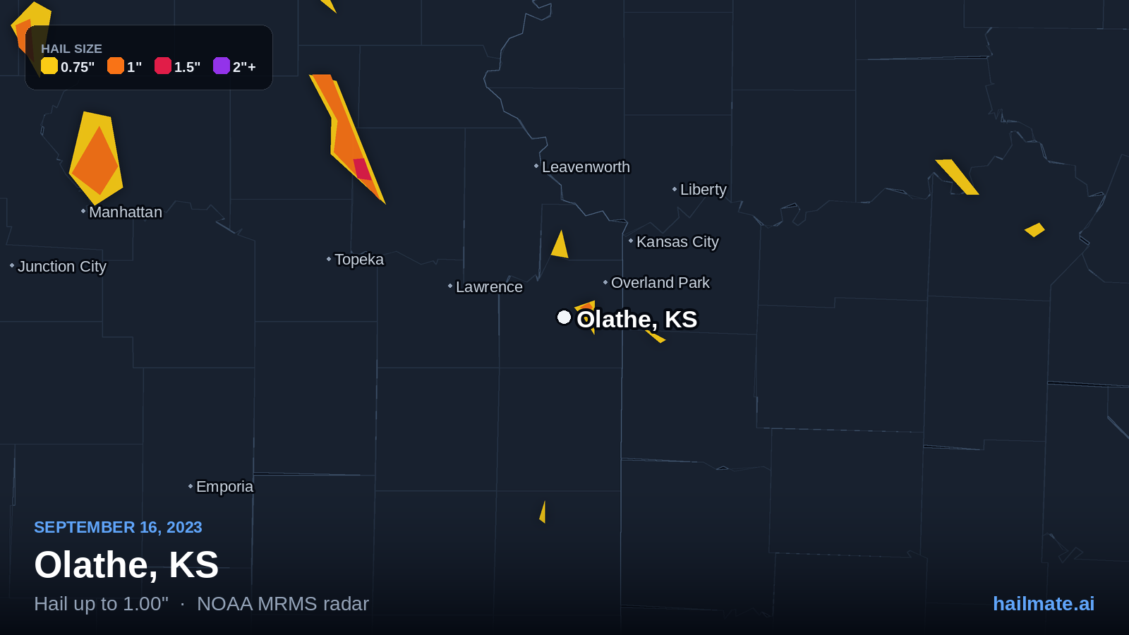 Hail swath map for Olathe, KS on September 16, 2023 showing 1.00 inch hail.