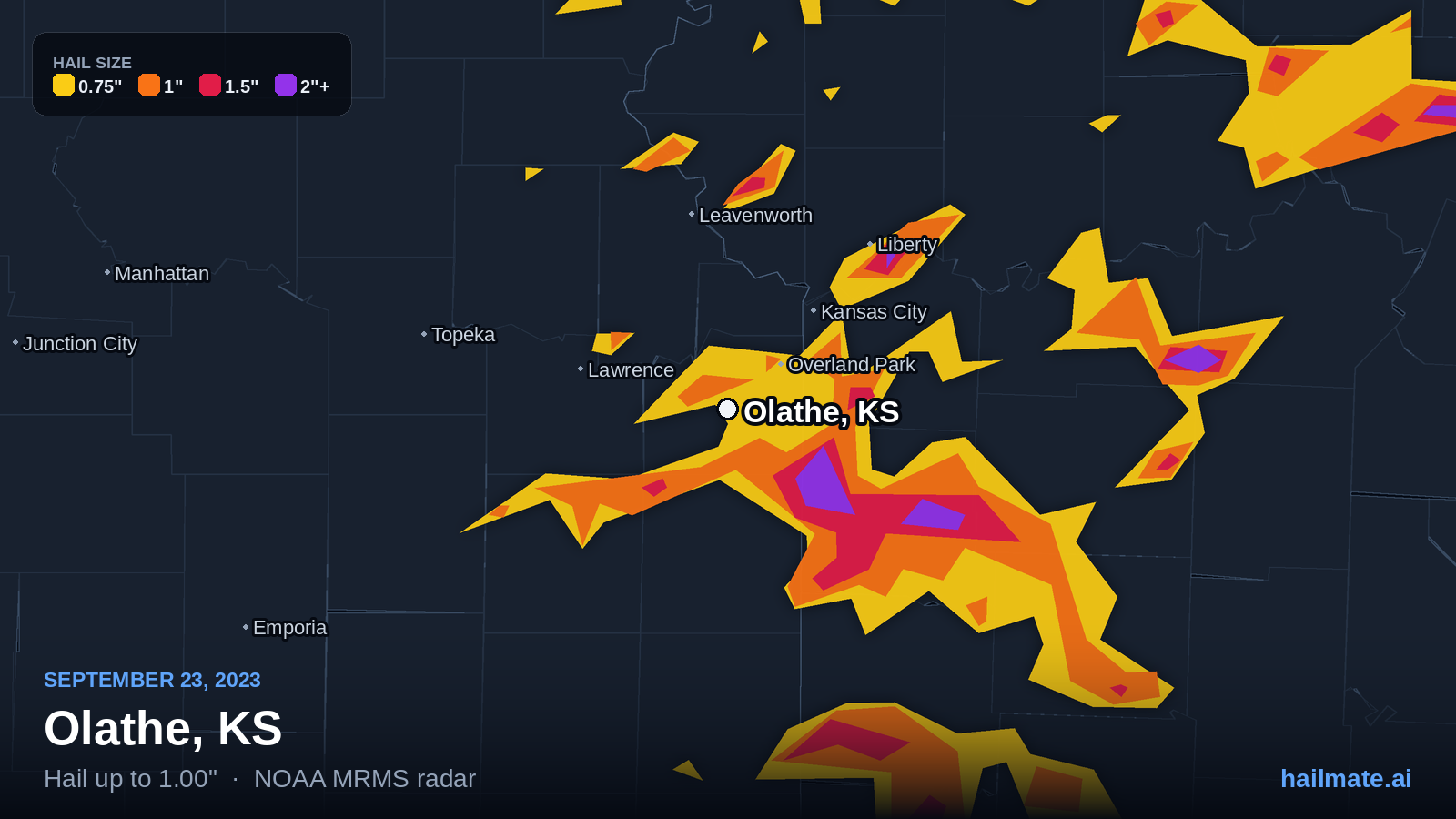 Hail swath map for Olathe, KS on September 23, 2023 showing 1.00 inch hail.