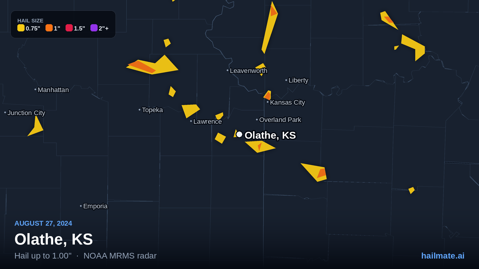 Hail swath map for Olathe, KS on August 27, 2024 showing 1.00 inch hail.