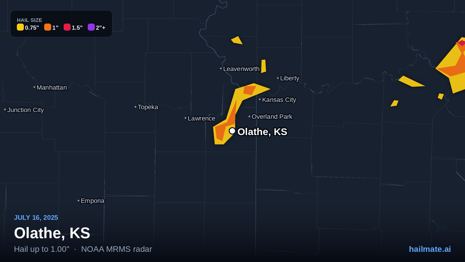 Hail swath map for Olathe, KS on July 16, 2025 showing 1.00 inch hail.