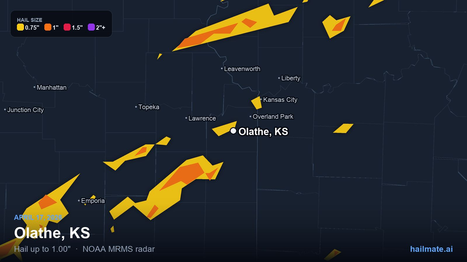 Hail swath map for Olathe, KS on April 17, 2026 showing 1.00 inch hail.