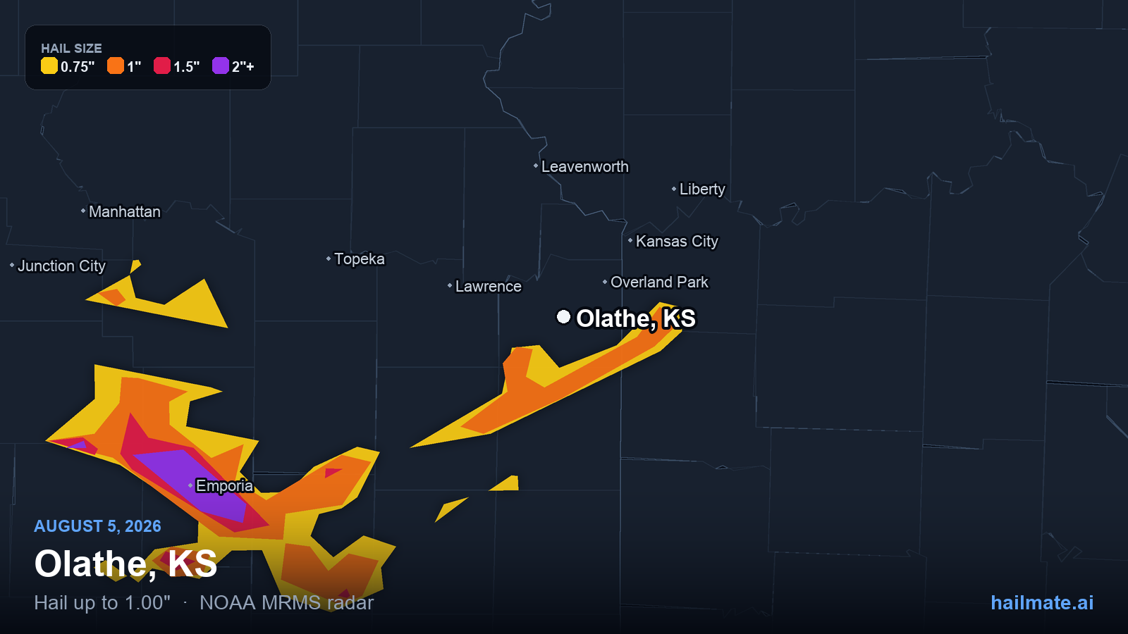 Hail swath map for Olathe, KS on August 5, 2026 showing 1.00 inch hail.