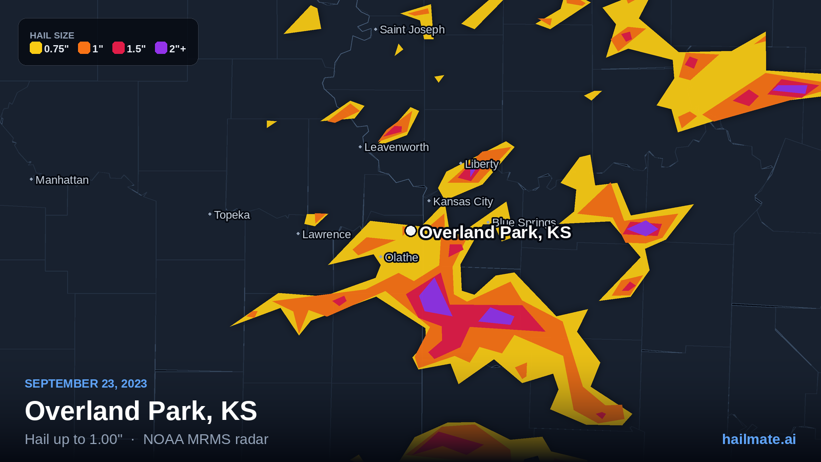 Hail swath map for Overland Park, KS on September 23, 2023 showing 1.00 inch hail.