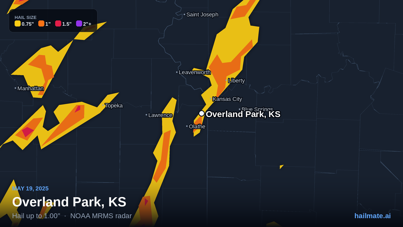 Hail swath map for Overland Park, KS on May 19, 2025 showing 1.00 inch hail.