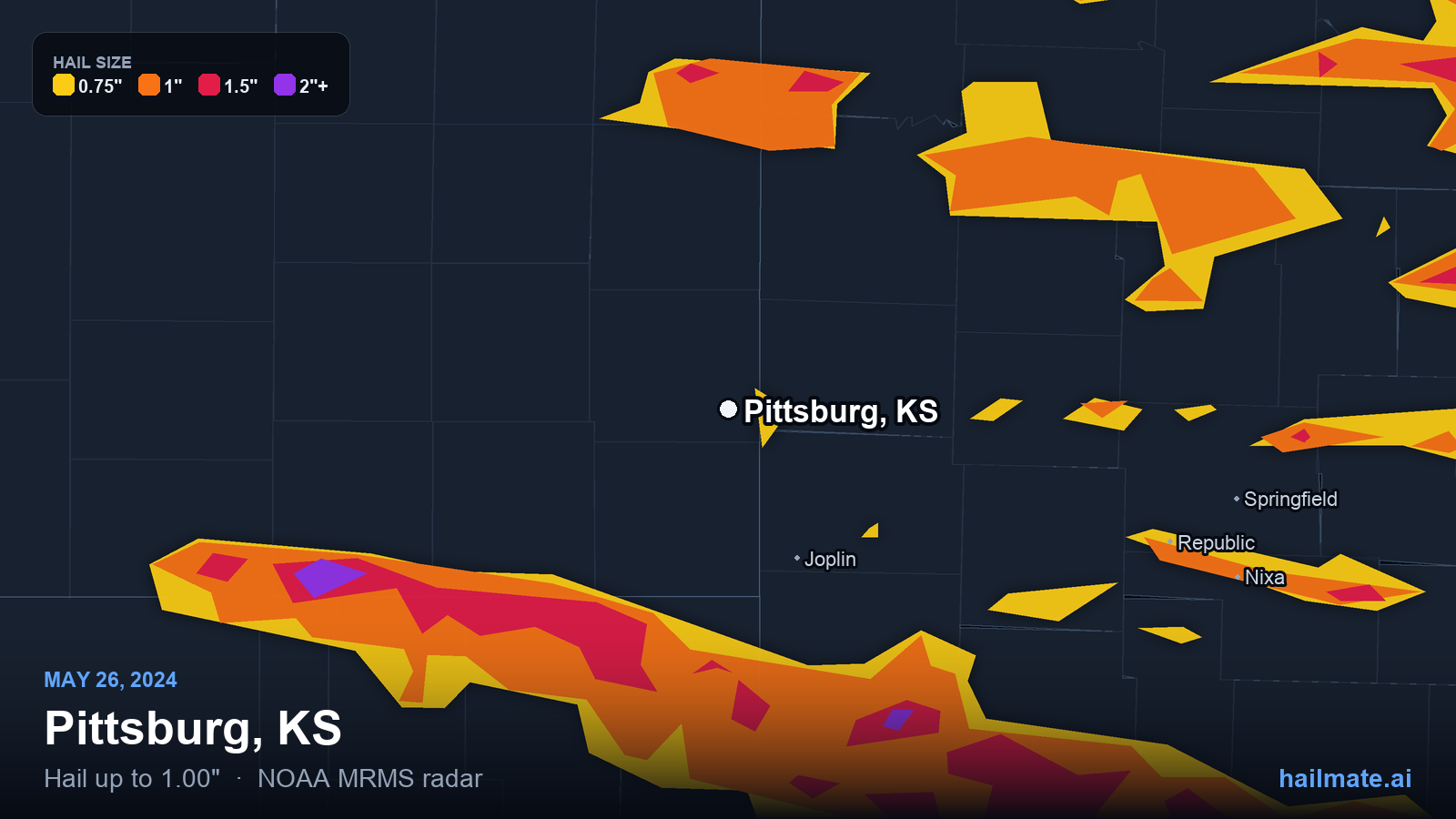 Hail swath map for Pittsburg, KS on May 26, 2024 showing 1.00 inch hail.