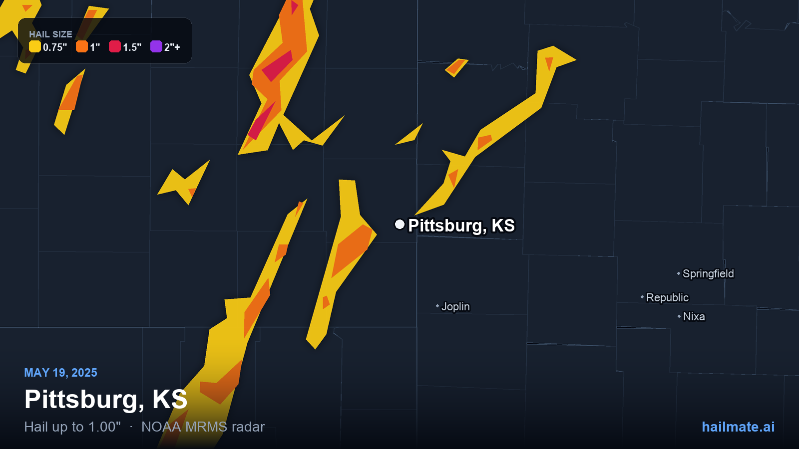 Hail swath map for Pittsburg, KS on May 19, 2025 showing 1.00 inch hail.