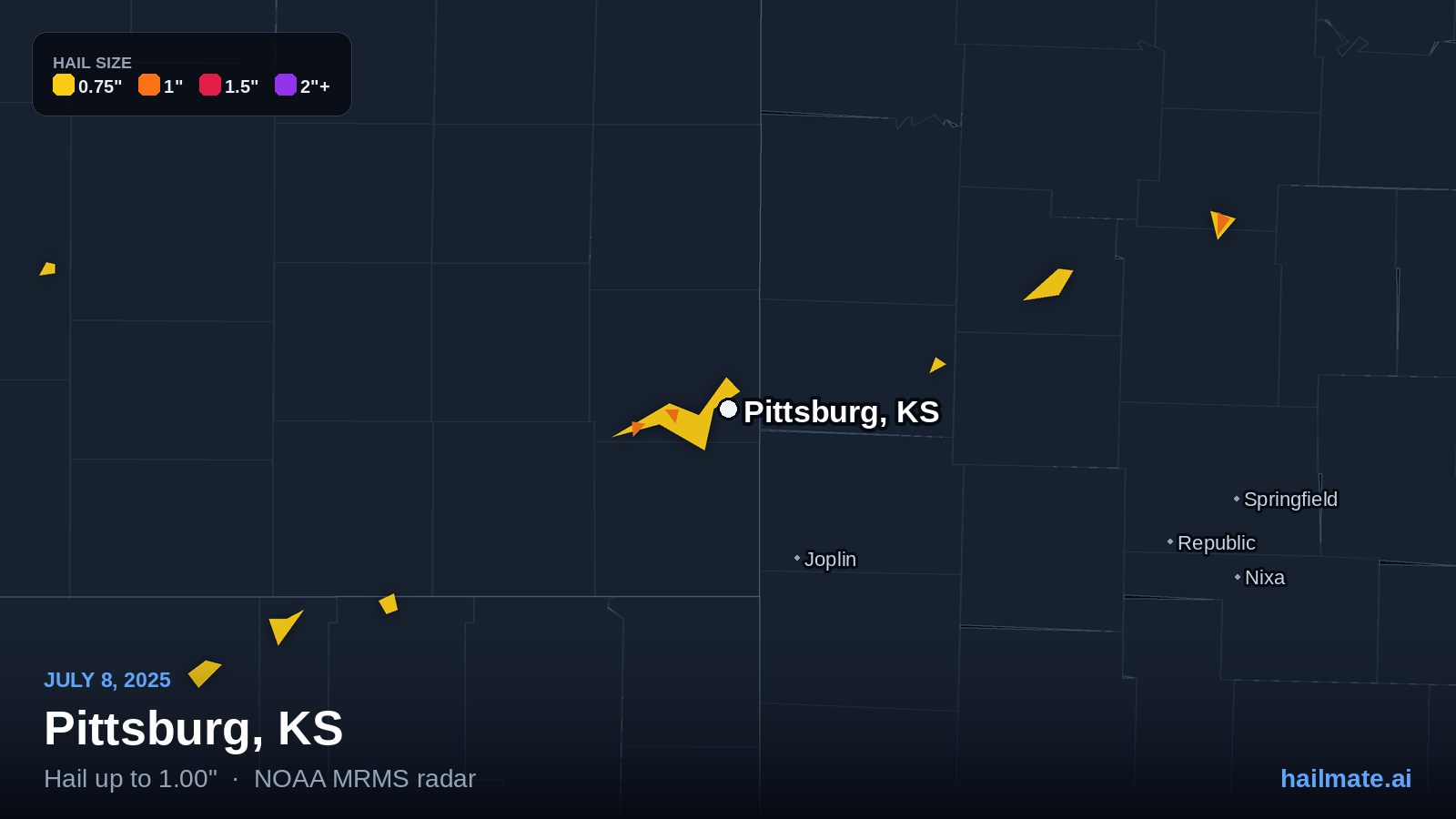 Hail swath map for Pittsburg, KS on July 8, 2025 showing 1.00 inch hail.