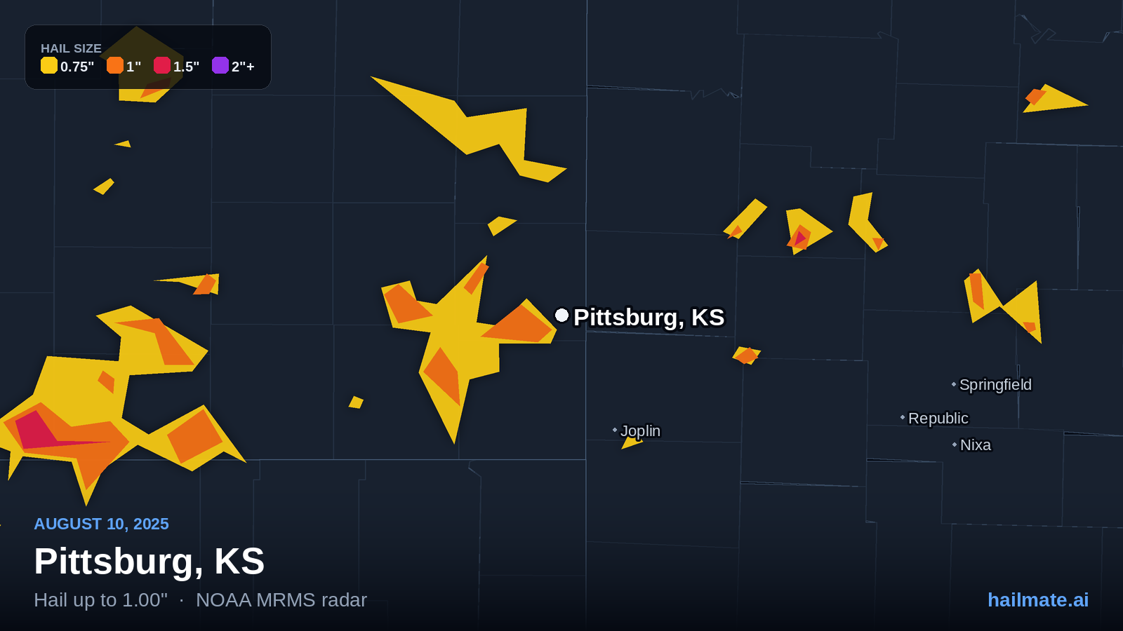 Hail swath map for Pittsburg, KS on August 10, 2025 showing 1.00 inch hail.