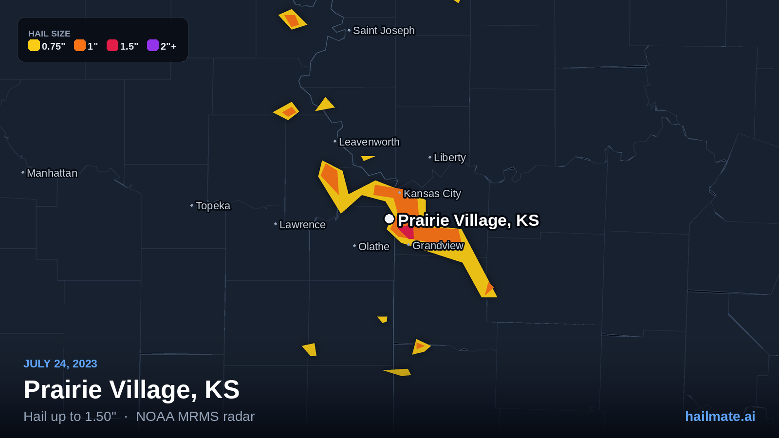 Hail swath map for Prairie Village, KS on July 24, 2023 showing 1.50 inch hail.