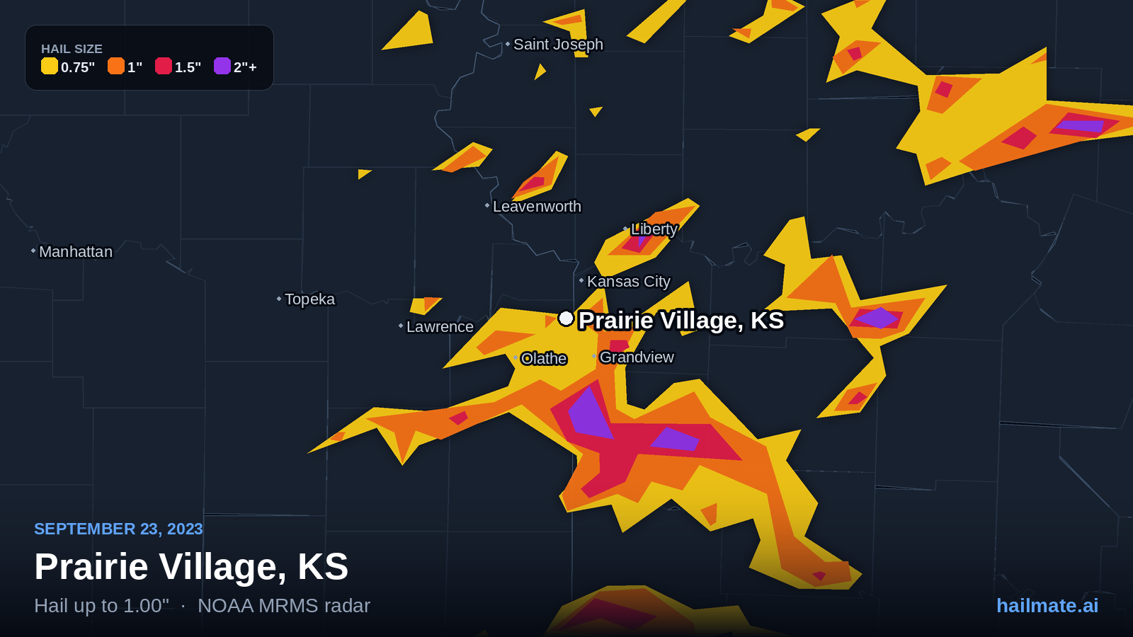 Hail swath map for Prairie Village, KS on September 23, 2023 showing 1.00 inch hail.