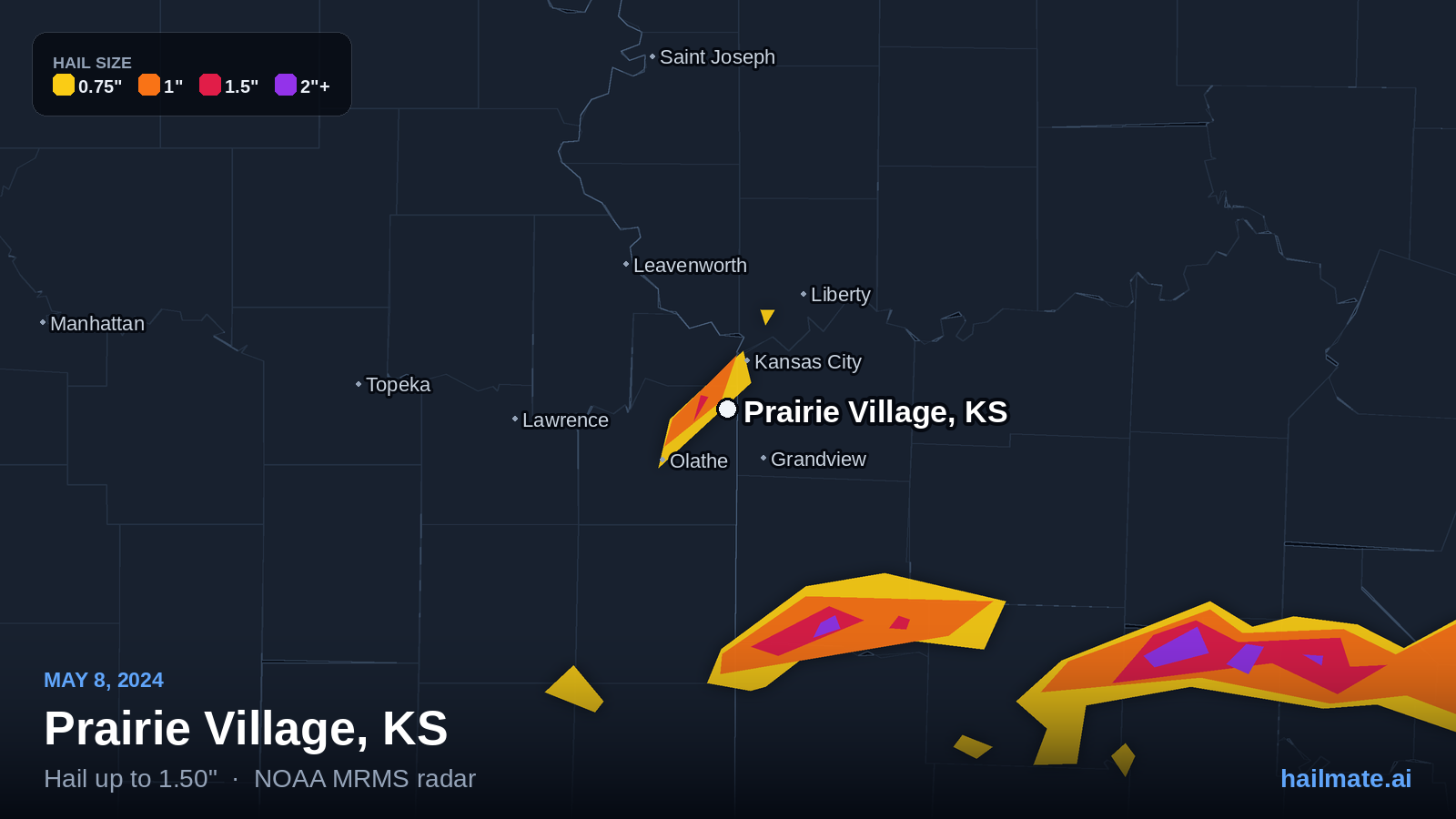 Hail swath map for Prairie Village, KS on May 8, 2024 showing 1.50 inch hail.