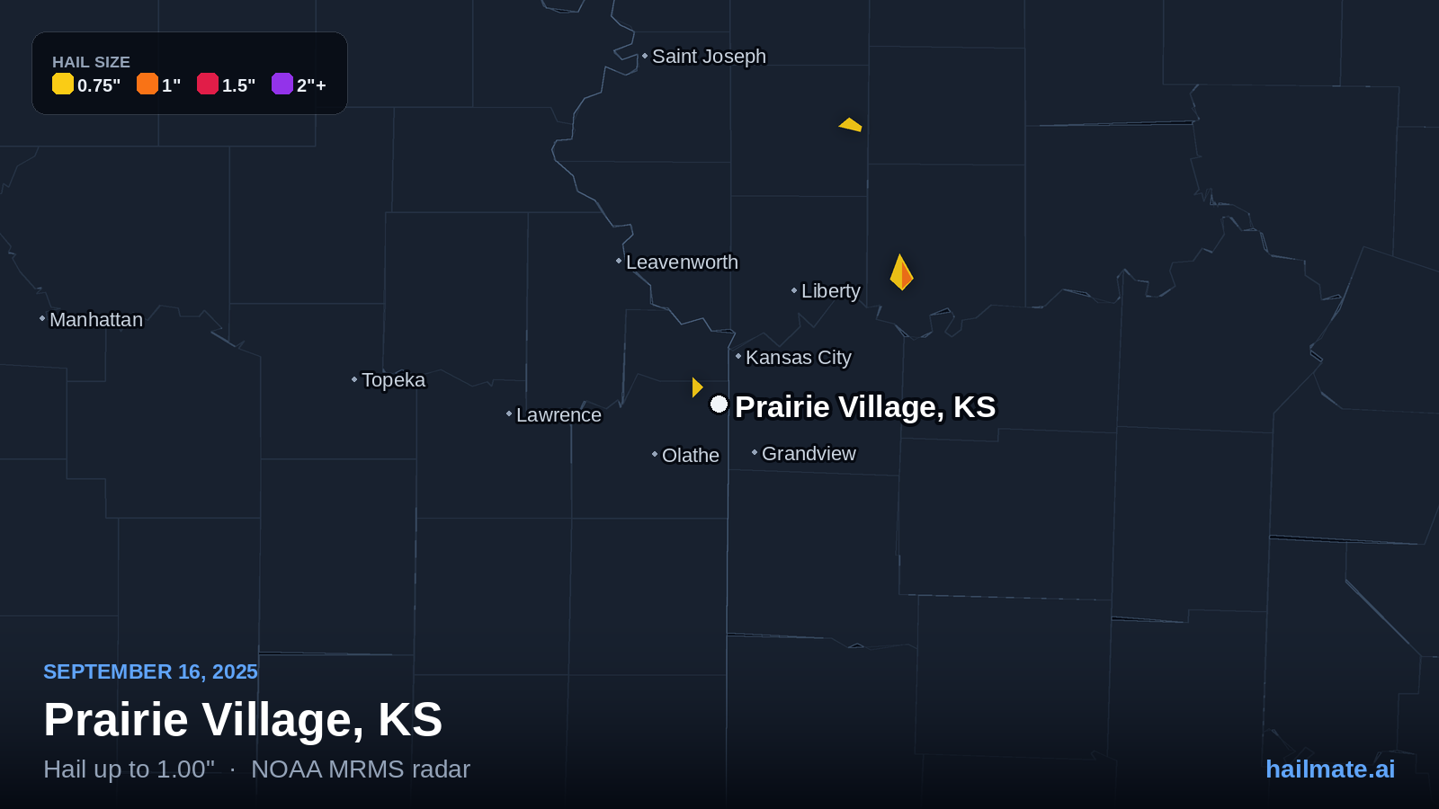 Hail swath map for Prairie Village, KS on September 16, 2025 showing 1.00 inch hail.