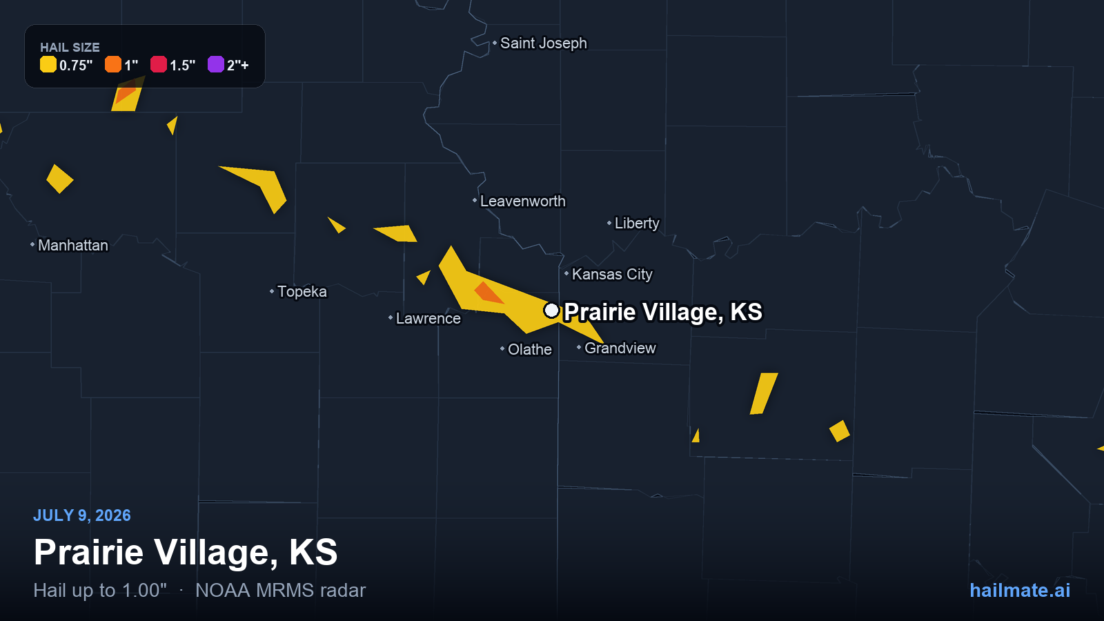 Hail swath map for Prairie Village, KS on July 9, 2026 showing 1.00 inch hail.