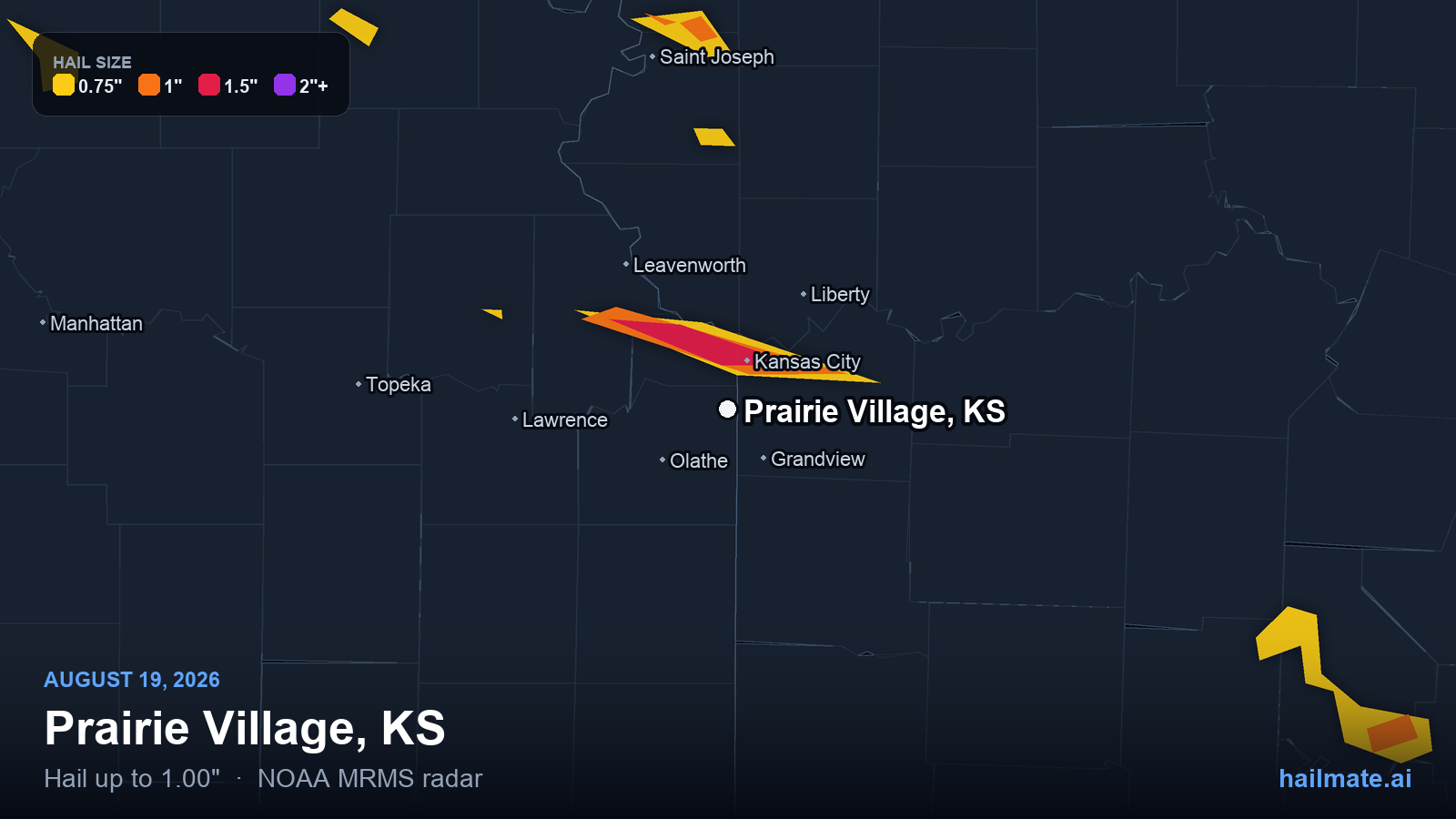Hail swath map for Prairie Village, KS on August 19, 2026 showing 1.00 inch hail.