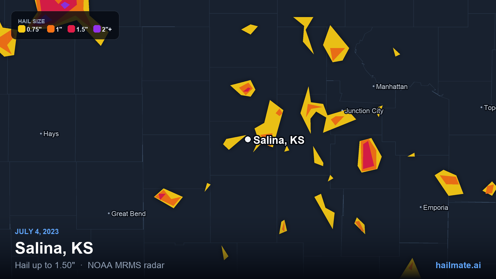 Hail swath map for Salina, KS on July 4, 2023 showing 1.50 inch hail.