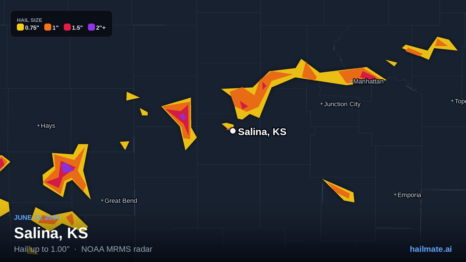 Hail swath map for Salina, KS on June 13, 2024 showing 1.00 inch hail.