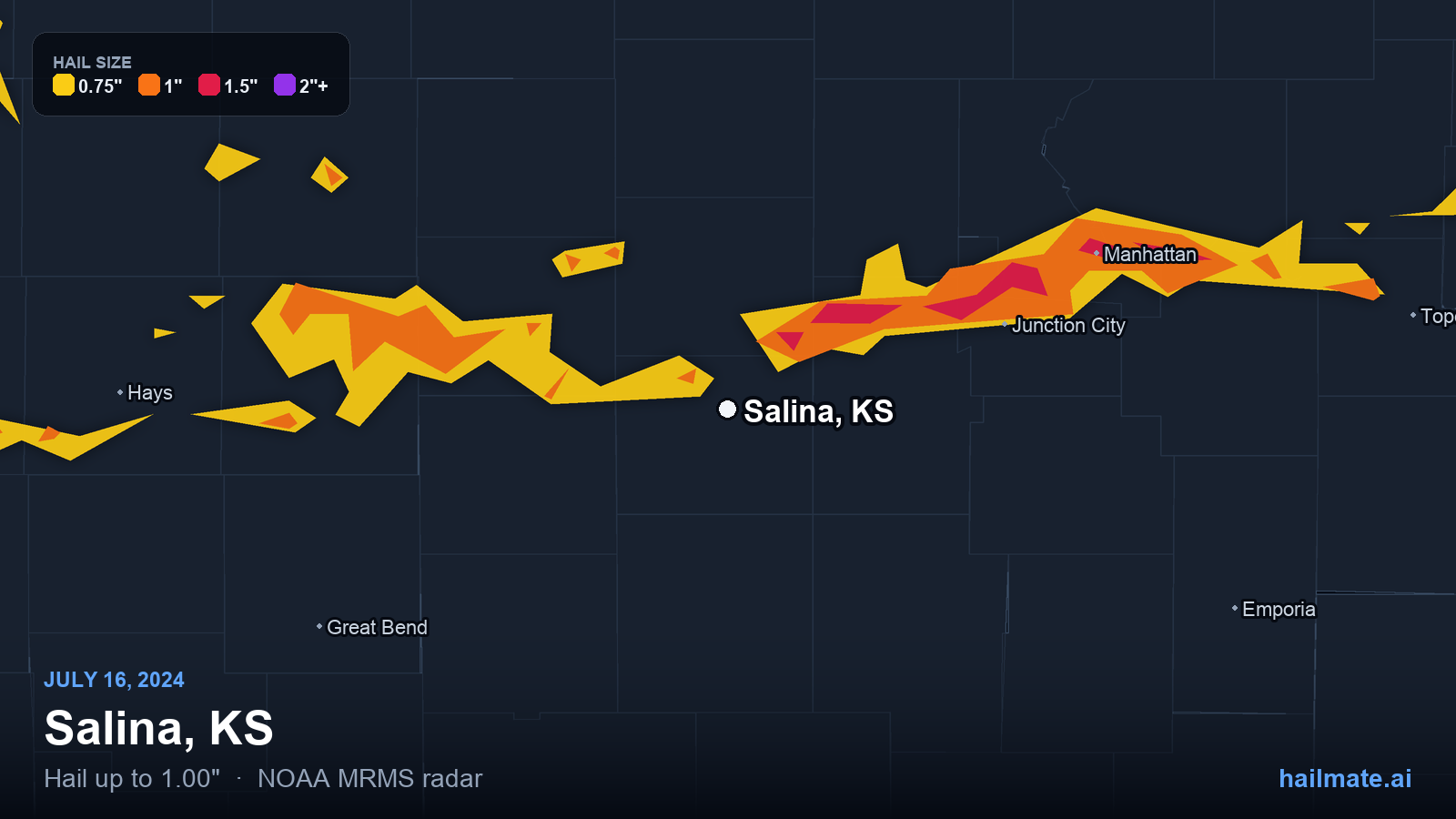 Hail swath map for Salina, KS on July 16, 2024 showing 1.00 inch hail.