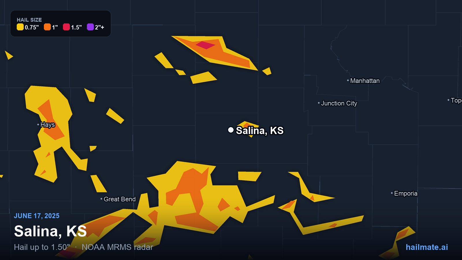 Hail swath map for Salina, KS on June 17, 2025 showing 1.50 inch hail.
