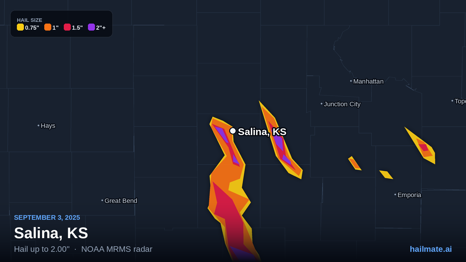 Hail swath map for Salina, KS on September 3, 2025 showing 2.00 inch hail.