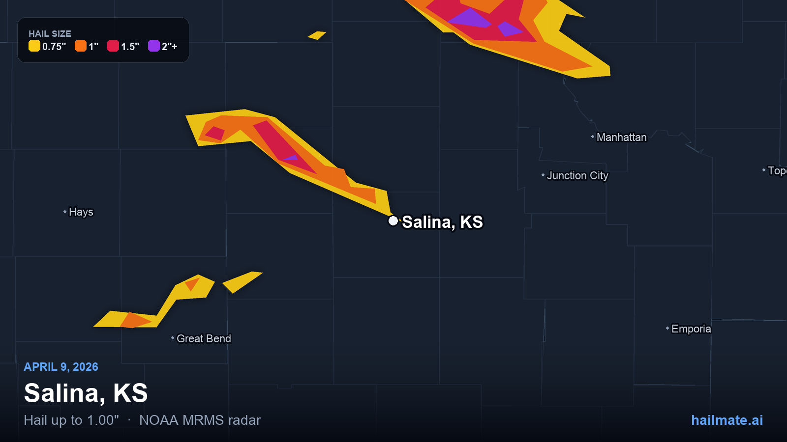 Hail swath map for Salina, KS on April 9, 2026 showing 1.00 inch hail.