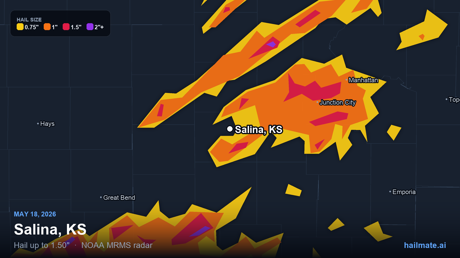 Hail swath map for Salina, KS on May 18, 2026 showing 1.50 inch hail.
