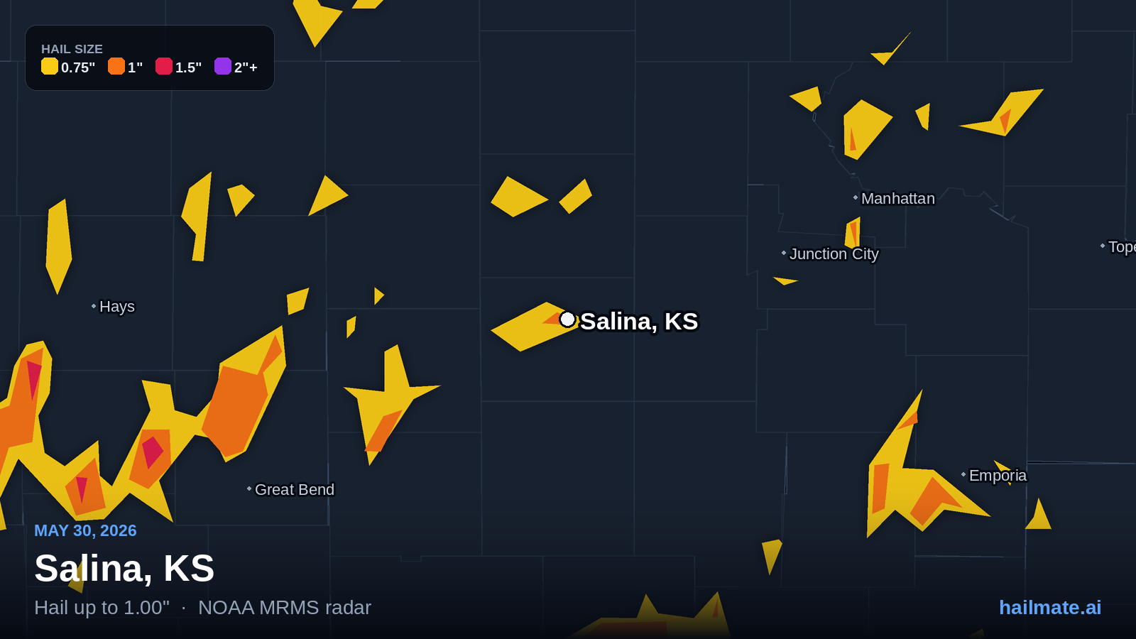 Hail swath map for Salina, KS on May 30, 2026 showing 1.00 inch hail.