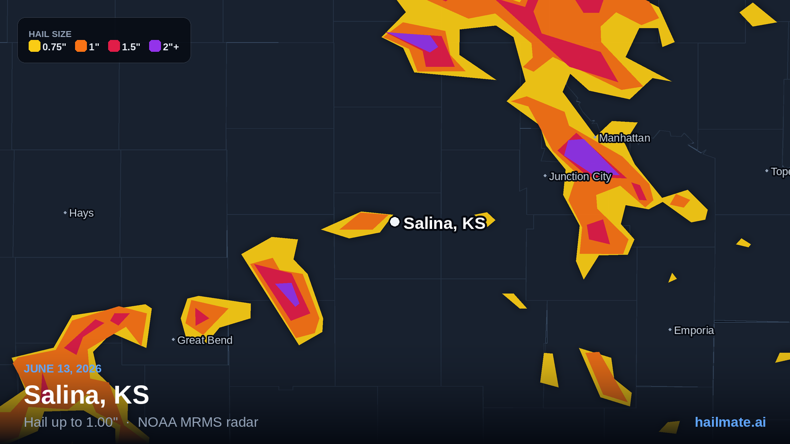 Hail swath map for Salina, KS on June 13, 2026 showing 1.00 inch hail.