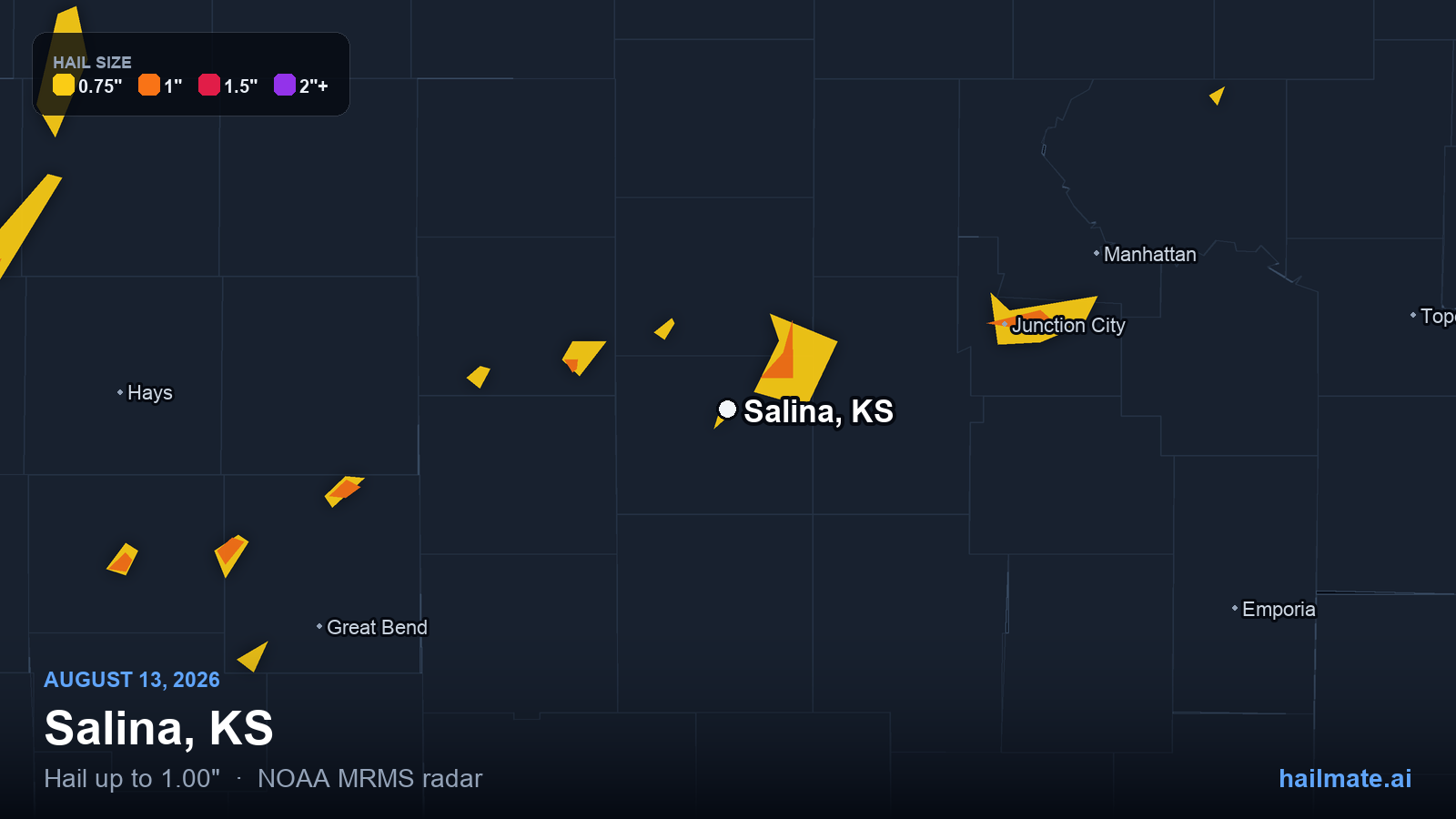 Hail swath map for Salina, KS on August 13, 2026 showing 1.00 inch hail.