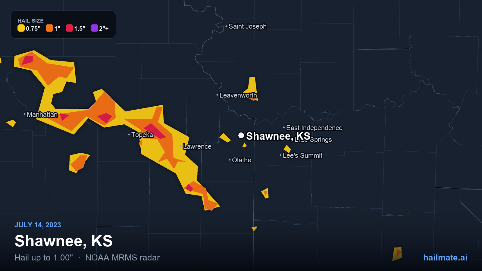 Hail swath map for Shawnee, KS on July 14, 2023 showing 1.00 inch hail.