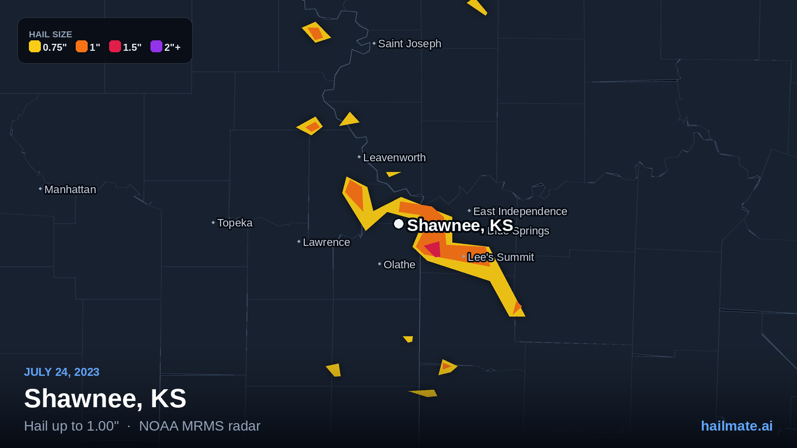 Hail swath map for Shawnee, KS on July 24, 2023 showing 1.00 inch hail.