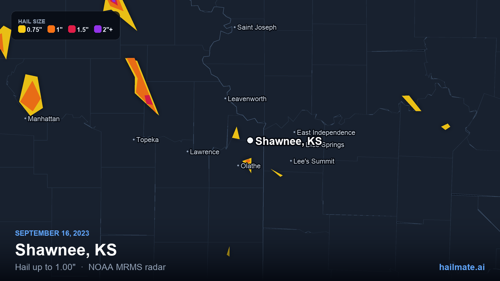 Hail swath map for Shawnee, KS on September 16, 2023 showing 1.00 inch hail.