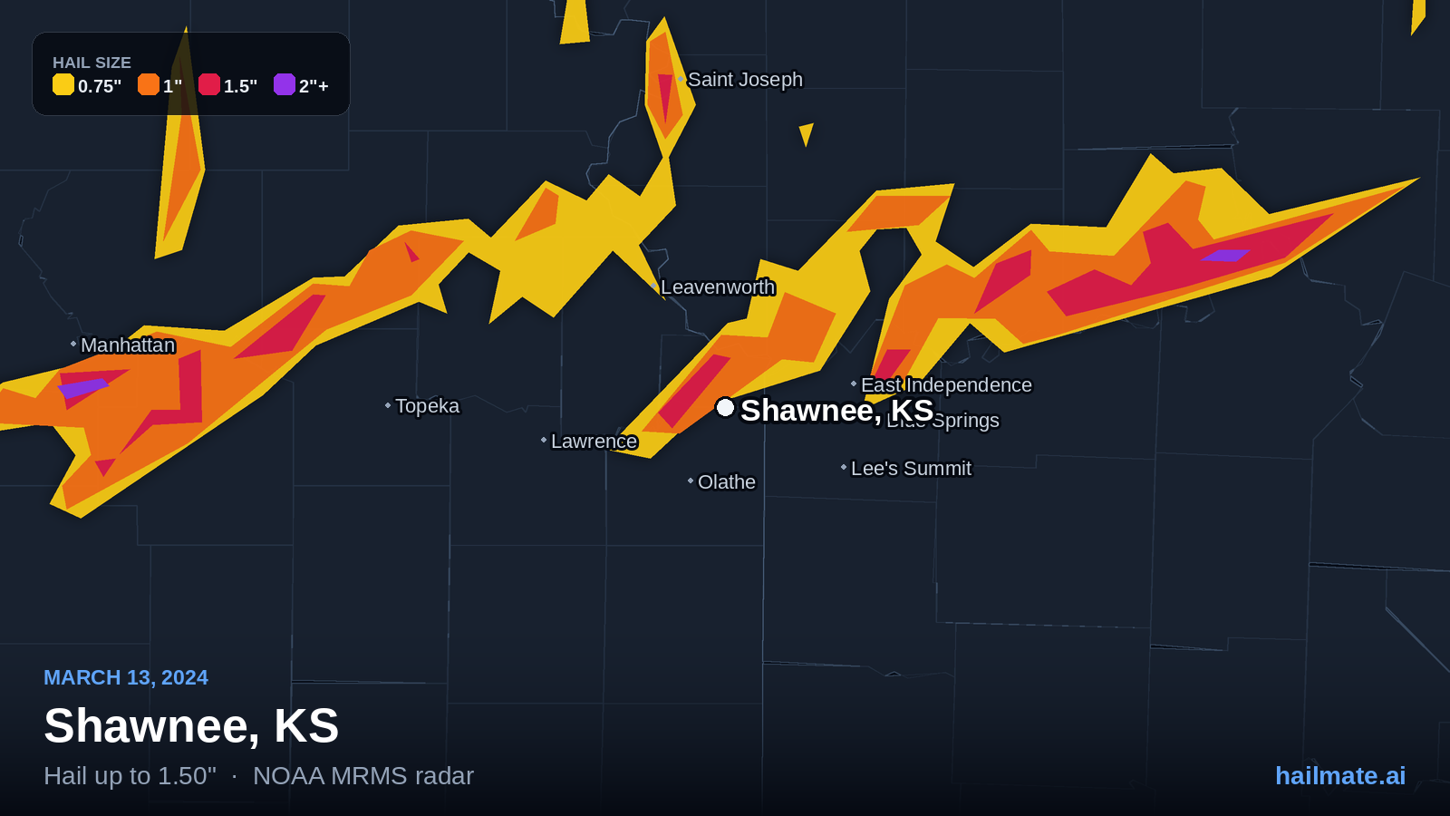 Hail swath map for Shawnee, KS on March 13, 2024 showing 1.50 inch hail.