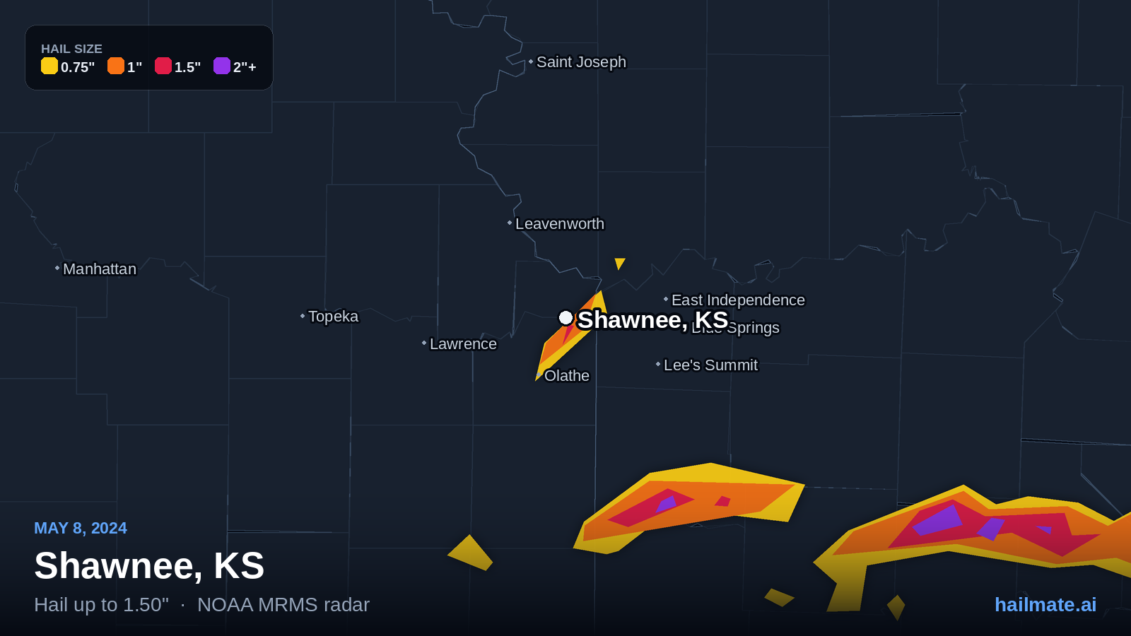 Hail swath map for Shawnee, KS on May 8, 2024 showing 1.50 inch hail.