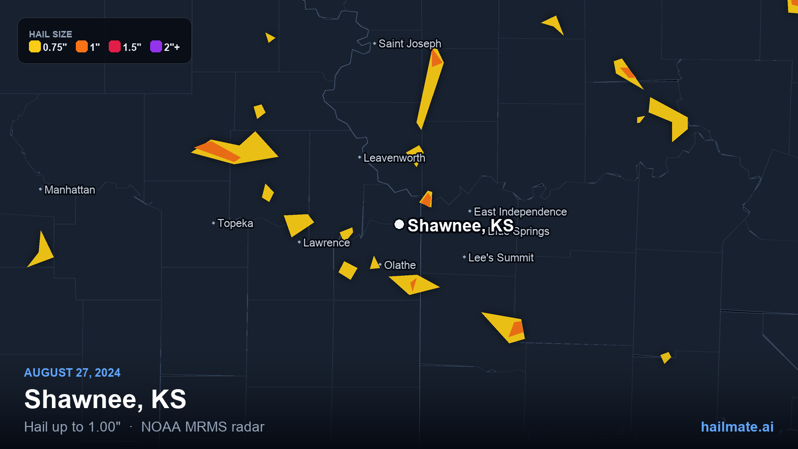 Hail swath map for Shawnee, KS on August 27, 2024 showing 1.00 inch hail.