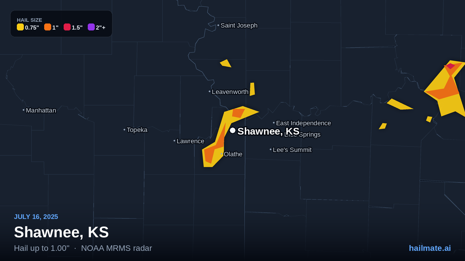 Hail swath map for Shawnee, KS on July 16, 2025 showing 1.00 inch hail.