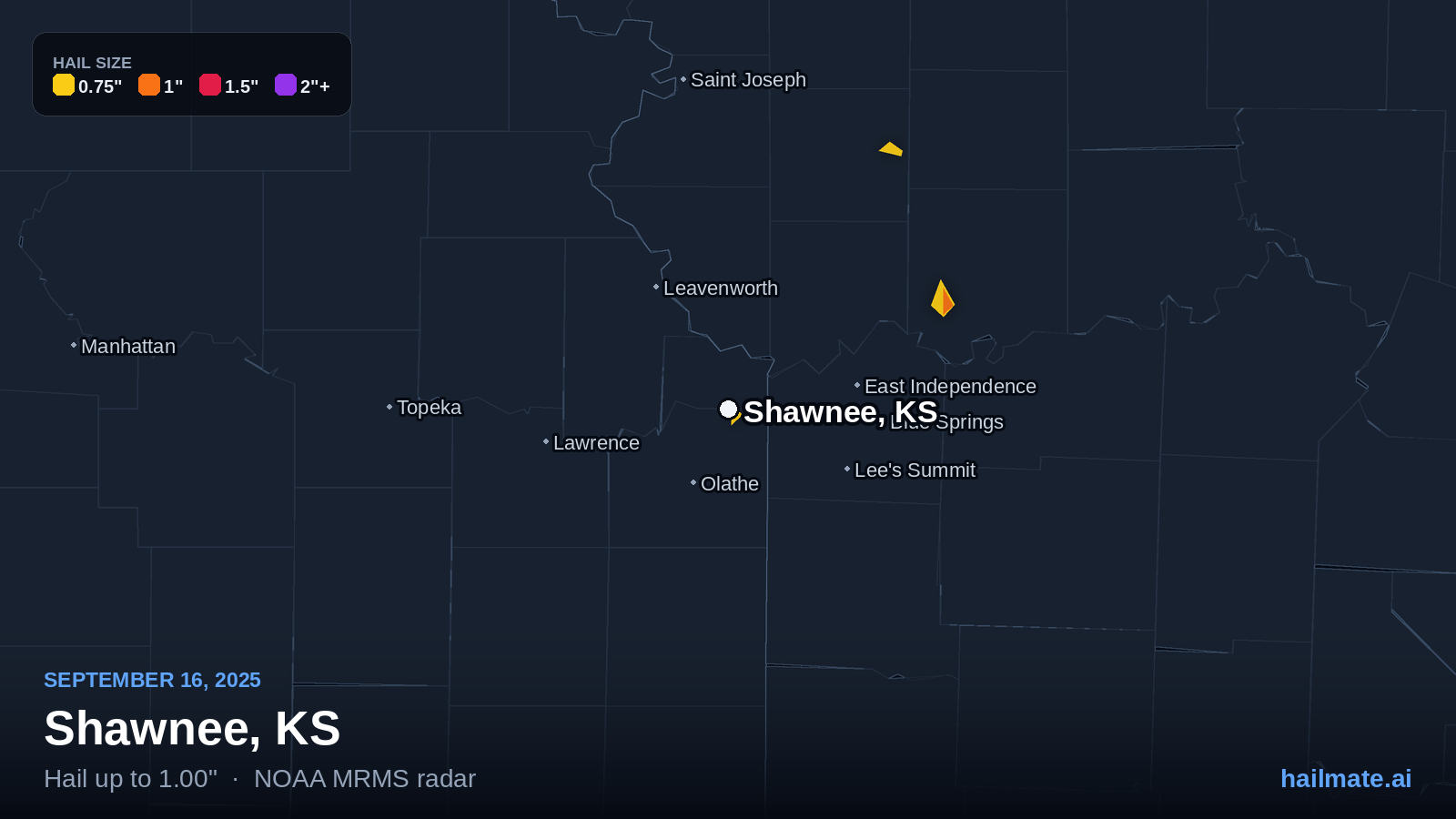 Hail swath map for Shawnee, KS on September 16, 2025 showing 1.00 inch hail.