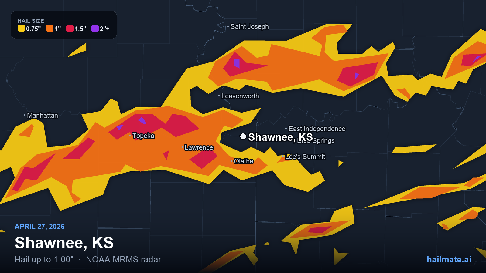 Hail swath map for Shawnee, KS on April 27, 2026 showing 1.00 inch hail.