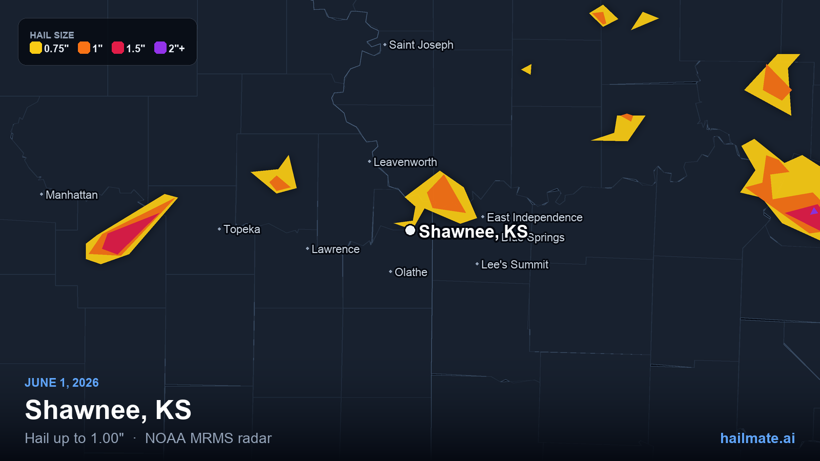Hail swath map for Shawnee, KS on June 1, 2026 showing 1.00 inch hail.
