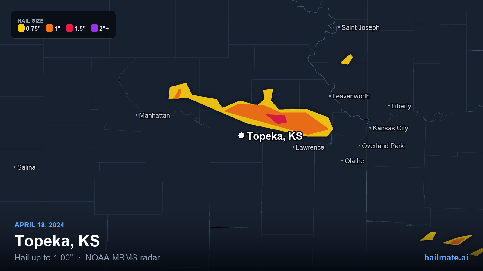 Hail swath map for Topeka, KS on April 18, 2024 showing 1.00 inch hail.