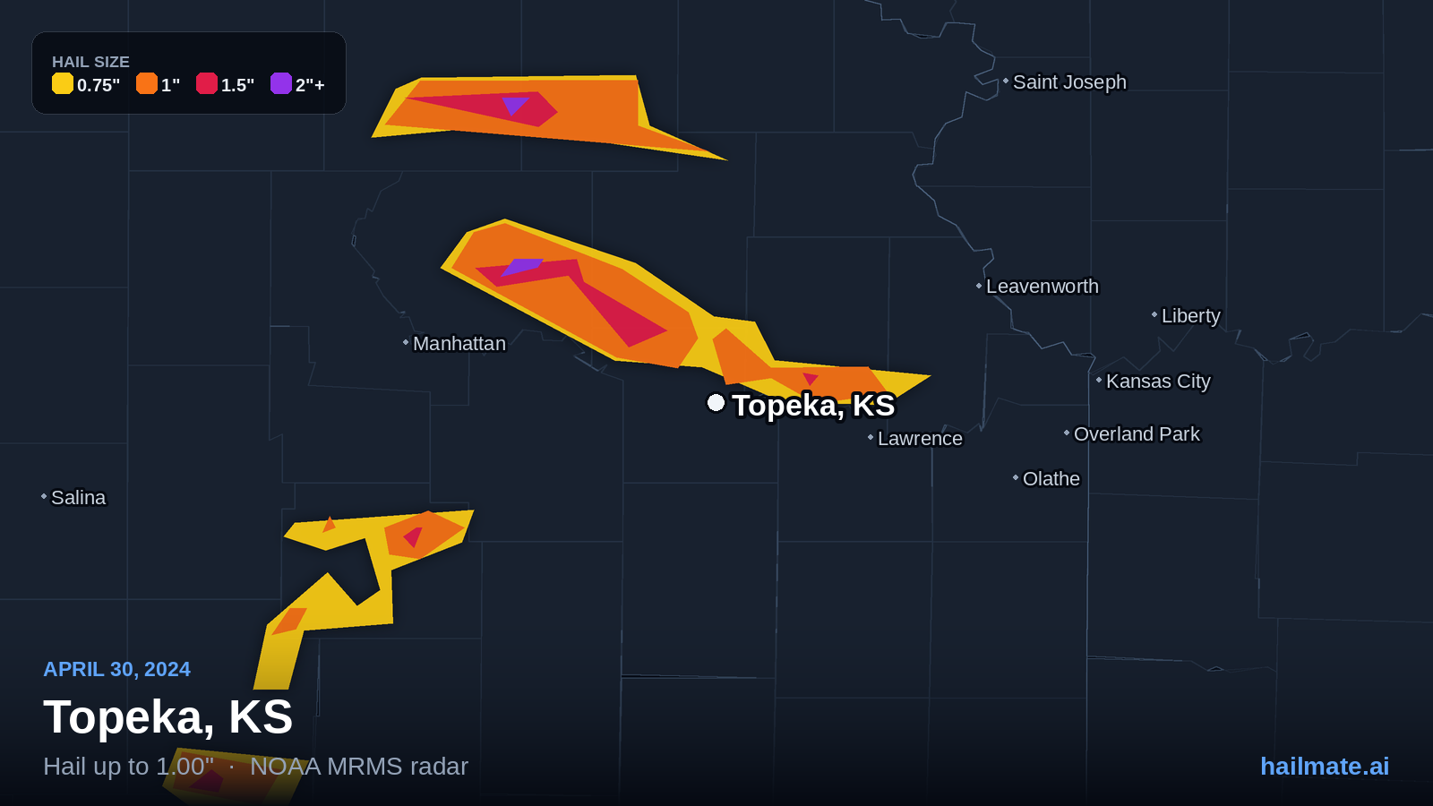 Hail swath map for Topeka, KS on April 30, 2024 showing 1.00 inch hail.