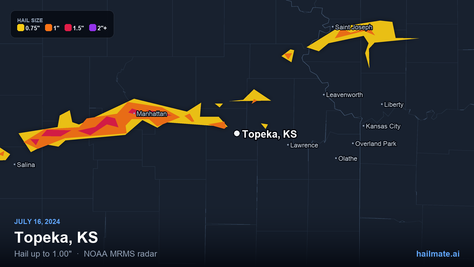 Hail swath map for Topeka, KS on July 16, 2024 showing 1.00 inch hail.