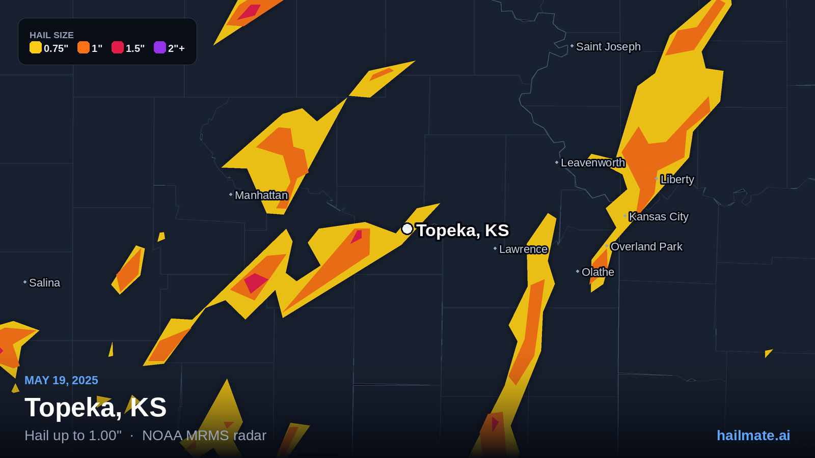 Hail swath map for Topeka, KS on May 19, 2025 showing 1.00 inch hail.