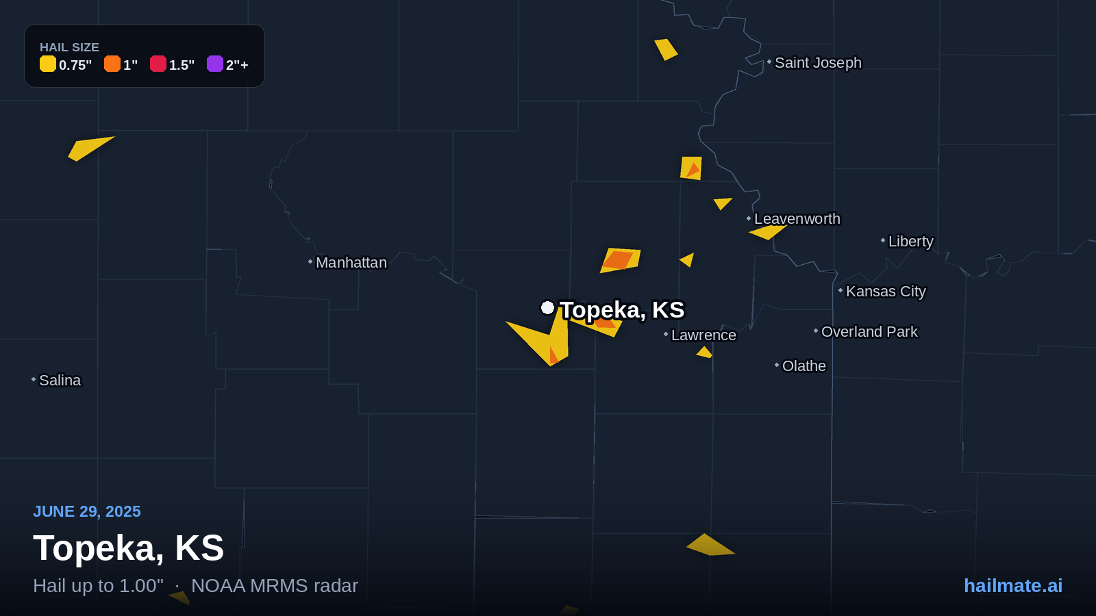 Hail swath map for Topeka, KS on June 29, 2025 showing 1.00 inch hail.