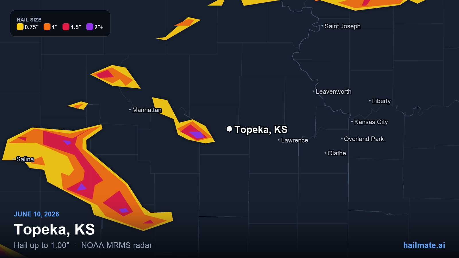 Hail swath map for Topeka, KS on June 10, 2026 showing 1.00 inch hail.