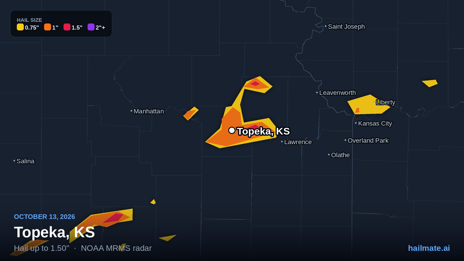 Hail swath map for Topeka, KS on October 13, 2026 showing 1.50 inch hail.