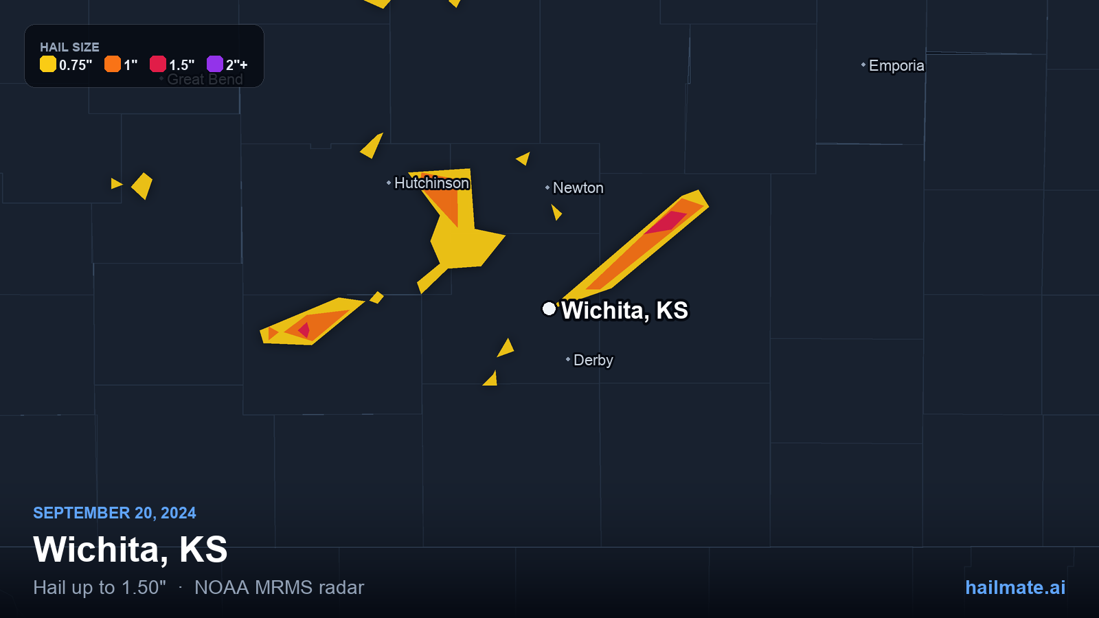 Hail swath map for Wichita, KS on September 20, 2024 showing 1.50 inch hail.