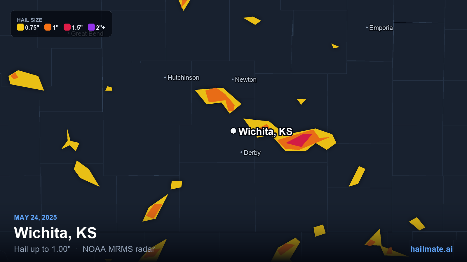 Hail swath map for Wichita, KS on May 24, 2025 showing 1.00 inch hail.