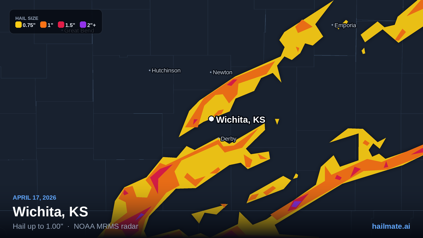 Hail swath map for Wichita, KS on April 17, 2026 showing 1.00 inch hail.