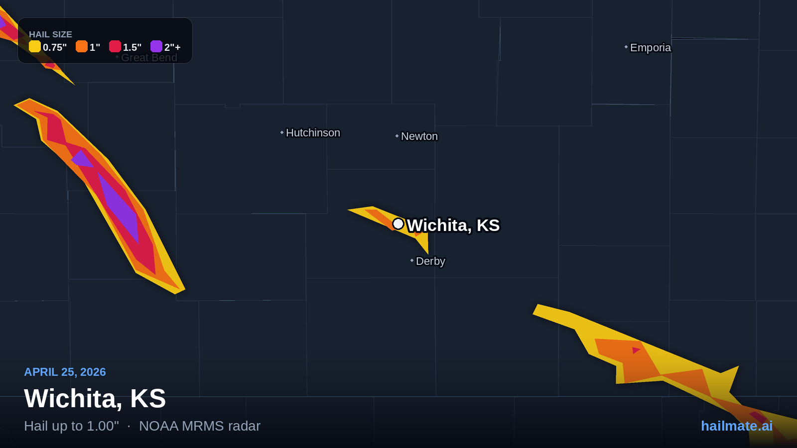 Hail swath map for Wichita, KS on April 25, 2026 showing 1.00 inch hail.