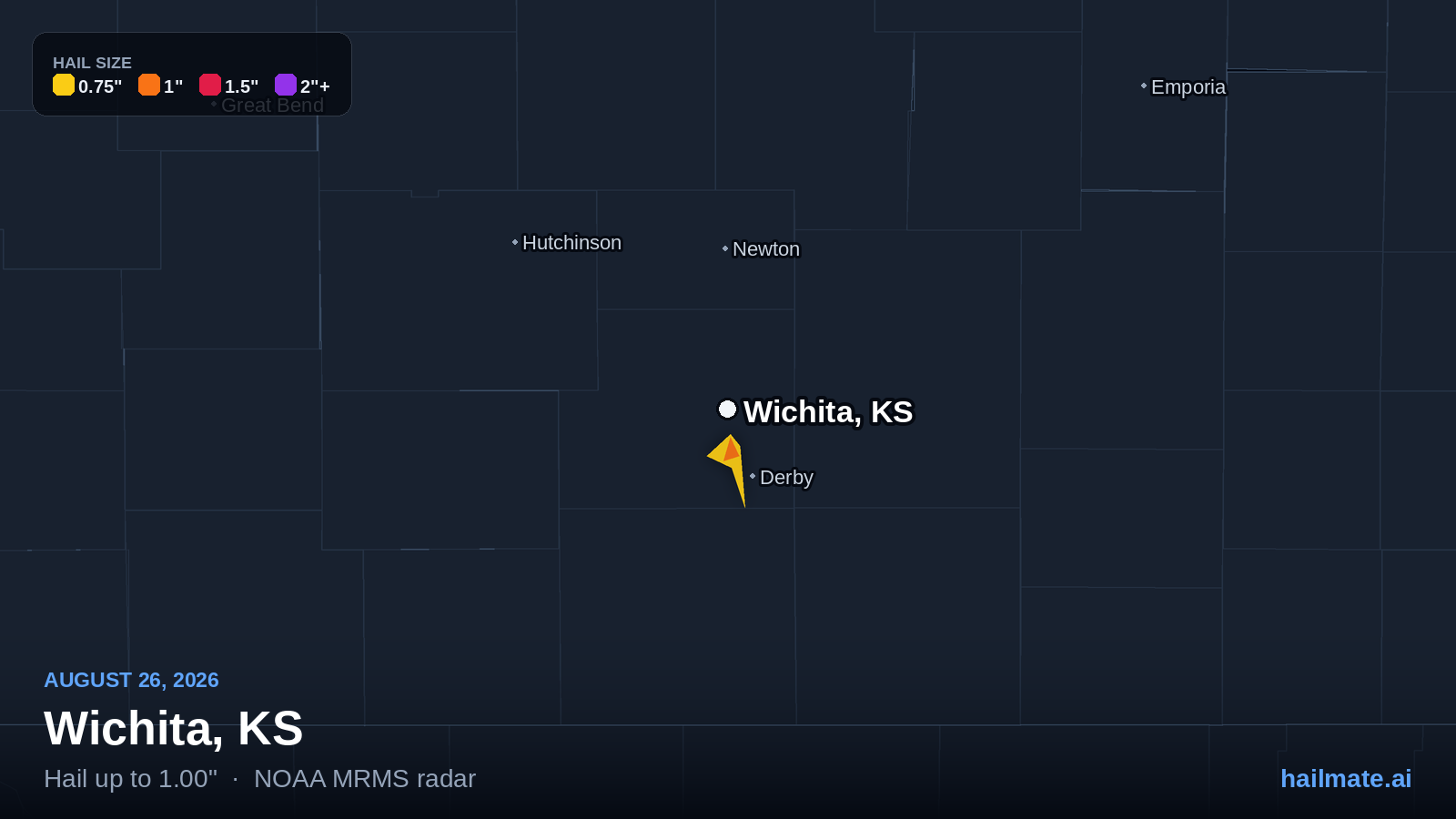 Hail swath map for Wichita, KS on August 26, 2026 showing 1.00 inch hail.
